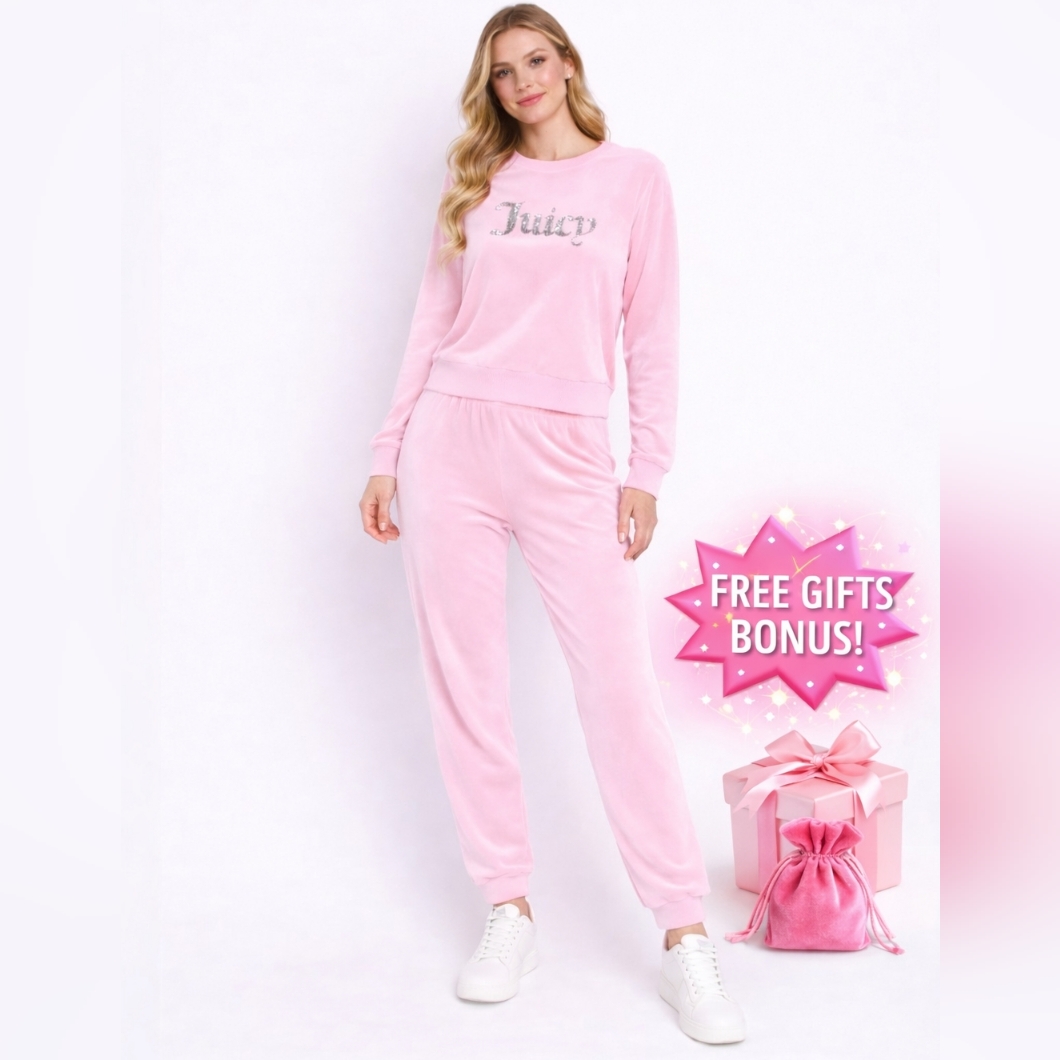 Juicy Couture Tracksuit - Pink Velour Rhinestone Logo Loungewear Set (L + Xl)
